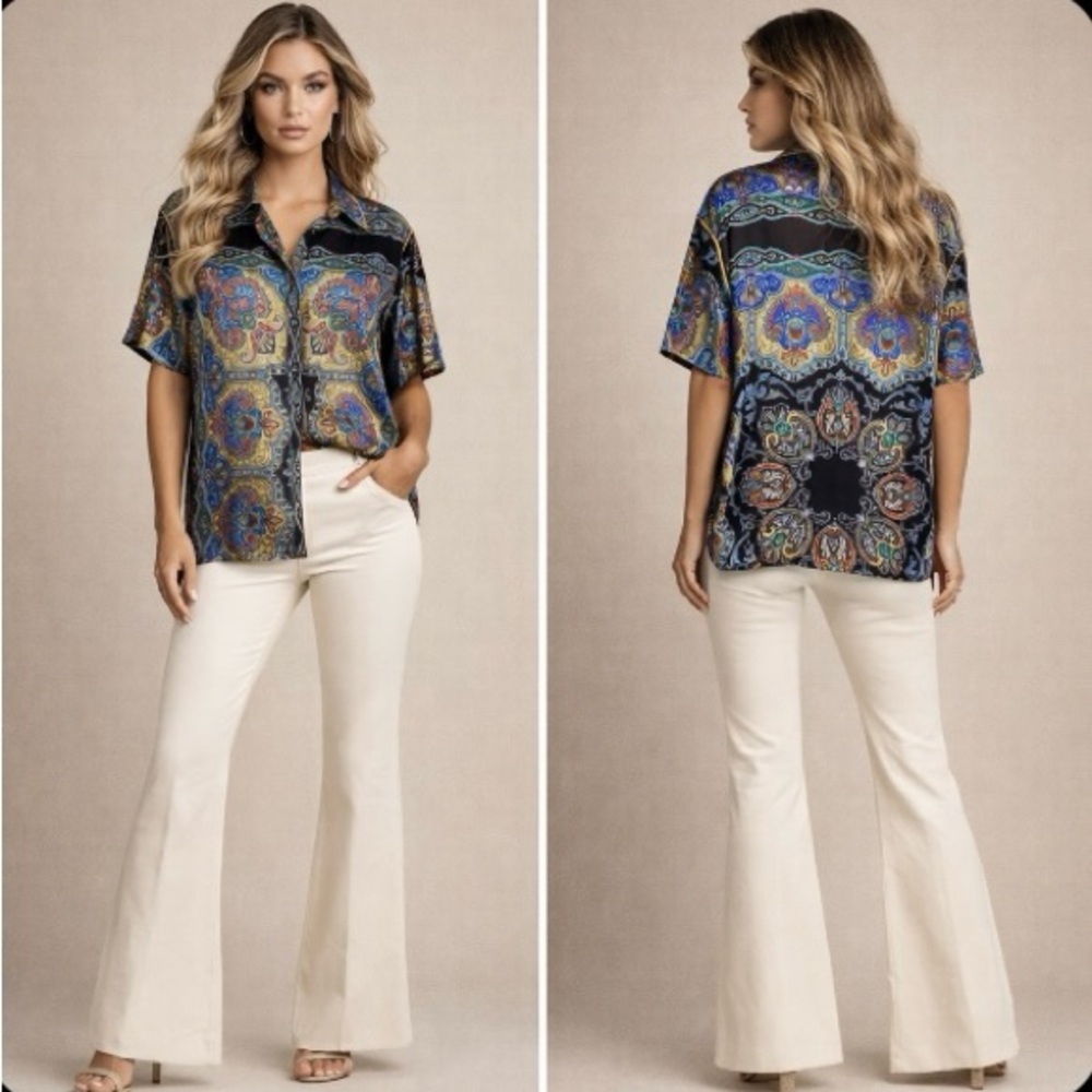 Sandro Ramy Paisley Print Satin Shirt Short Sleeve Silk-Feel Multi Size 3 - Picture 1 of 15